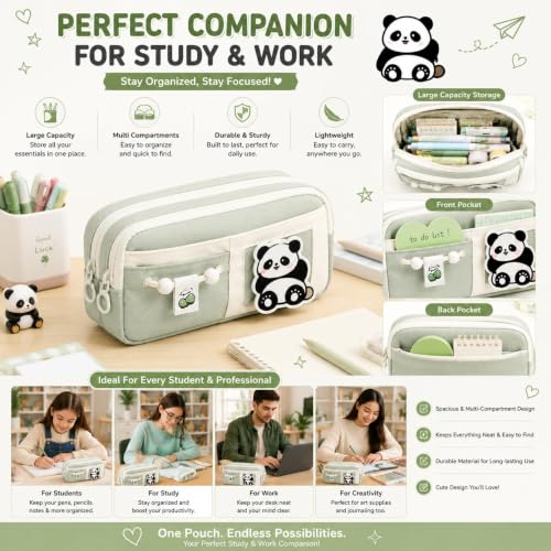 Image of Cute Aesthetic Pencil Case for Girls & Boys | 3 Layer 6 Compartment Large Capacity Pencil Pouch with Zipper | Cartoon Stationery Organizer Bag for Students & Kids (Green)