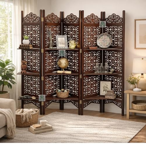 Image of Wooden Room Divider 6 Feet, 5-Panel Folding Wooden Partition for Living Room, Office, Pooja Room, Restaurant, Kitchen & Balcony