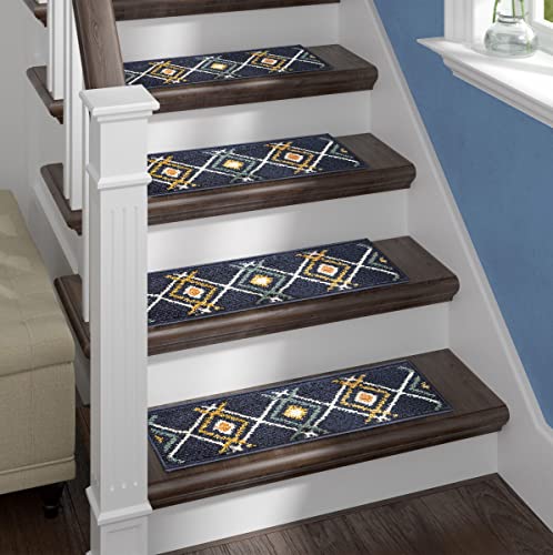 The Sofia Rugs Stair Treads For Wooden Steps - 28In X 9In Stair Treads For Staircase Steps - Blue Modern Stair Runners For Wooden Steps With Double Sided Tape - Set Of 13 - Aura #TOP8