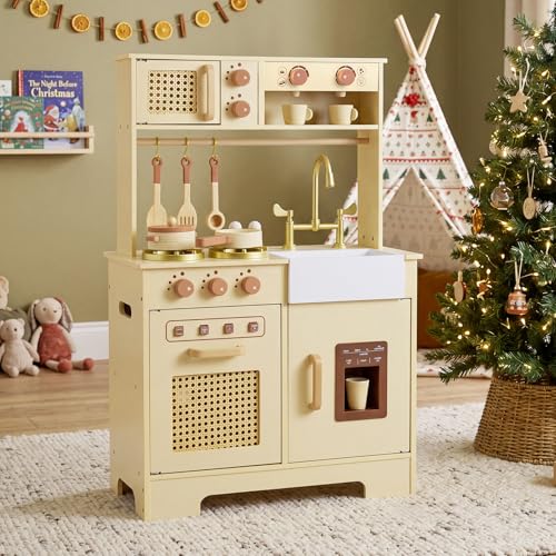 HONEY JOY Play Kitchen, Wooden Pretend Toy Kitchen Set w/Coffee Maker & Ice Maker, Cookware, Microwave, Oven with Lights and Sound, Rattan Little Chef Kids Kitchen Playset for Toddlers Gift, Yellow - Image 2