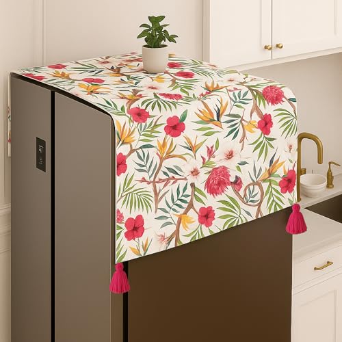 Image of French Door Big Size Fridge Top Cover 400+L | 450 GSM Durable Refrigerator Cover with Corner Tassels & Pockets | Fits Godrej, LG, Haier, Samsung Models |Dustproof Floral Print| WWW.THROWPILLOW.IN