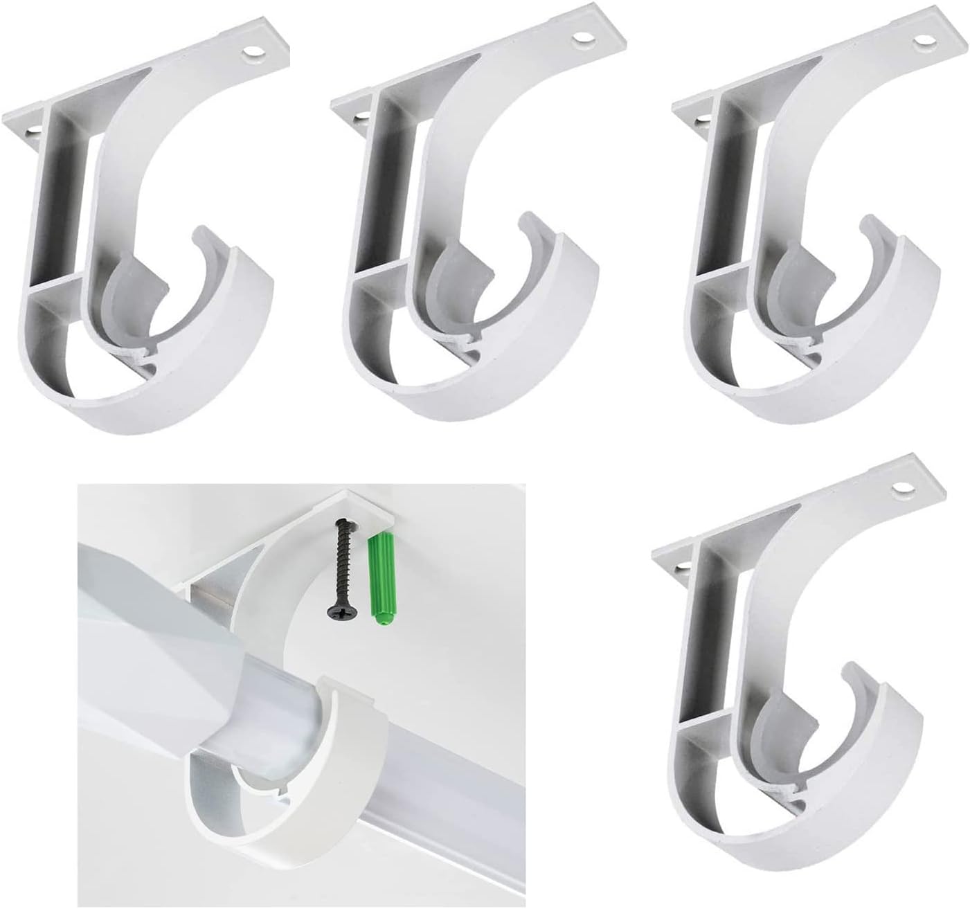 MCHERRY 4 Pack Ceiling Curtain Pole Brackets, Heavy Duty Curtain Rail Bracket, Aluminum Alloy, Black Curtain Rod Support Ceiling Brackets Holders for 25mm to 30mm Drapery Poles (White)