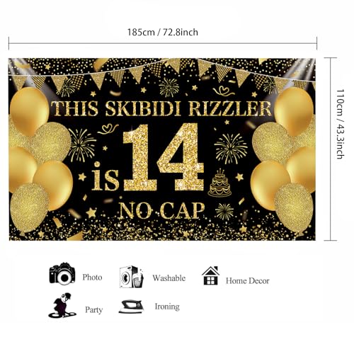 Image of Black Gold This Skibidi Rizzler is 14 No Cap Happy Birthday Backdrop Banner Photography Background Decorations for Boys Girls 14th Year Bday Party Accessories Supplies 72.8 * 43.3in