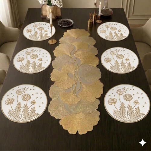 Image of Dakshya Industries Dining Table Mats Round PVC Set | 6 Waterproof Placemats (38 x 38 cm) + 1 Table Runner (91 x 33 cm) | Heat Resistant, Kitchen Decor (Silvora)