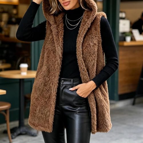 Womens Hooded Plush Fleece Vest Sleeveless Fuzzy Jacket Casual Outerwear - image 6
