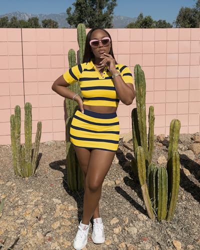 Image of HBQ Women's Casual 2 Piece Skirt Sets Polo Collar Crop Top Striped Mini Dress Summer Vacation-Stripe