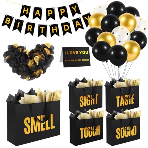 5 Senses Gift Bags For Him With Labels Tissue Paper And Handles, Comes With Birthday Decoration Rose Petals And Happy Birthday Banner Balloons(Black Gold, 12.6 x 8.7 x 4 inch)