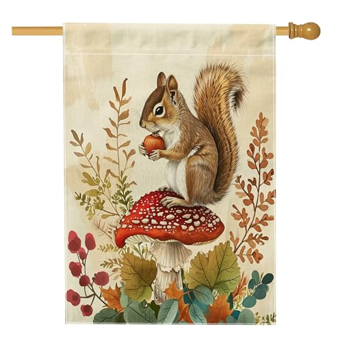 cute Squirrel garden flag mushroom cottage core leaf natural forest animal wildflower beige linen party decor porch decorations lawn patio outdoor for campsite home fence decorative flag 28x40 Inch