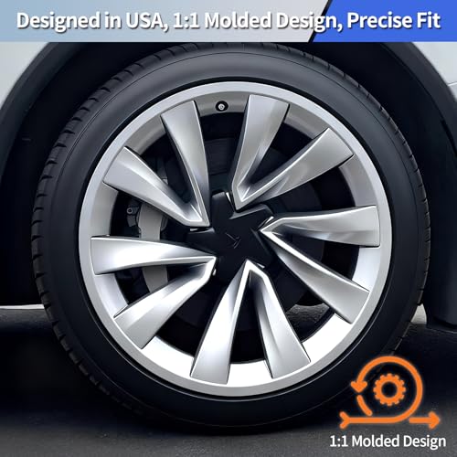 Image of Tesla Model Y Juniper 2026 Rim Protectors 4-Pack for 20 Inch Helix 2.0 Wheels, Gloss Silver Wheel Rim Guards, Snap-On Design, Dual-Clip Locking System, Hides Existing Curb Rash & Scratches