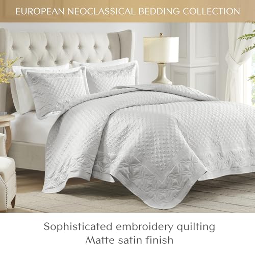 CROSCILL Quilt Set Luxe Ornamental Motif Embroidery Quilting, Oversized Coverlet for King Size Bed, Matte Satin, All Seasons, Lightweight Microfiber Coverlet Bedspread, Shams, Versailles Grey 3 Piece