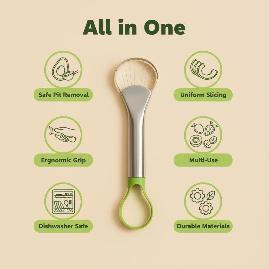2-in-1 Avocado Slicer, Pitter & Scoop Tool, Stainless Steel SlicerAvocado Cutte, Dishwasher Safe - Kitchen Gadget for Avocado, Kiwi, Mango