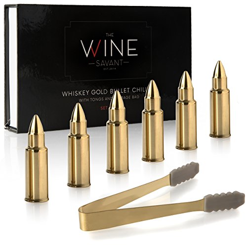 The Wine Savant Bullet Whiskey Chillers Stones - 1.75in Whiskey Rocks Set of 6 - Stainless Steel Bullet Shaped Ice Cubes, Gift Box Come, Tongs and Storage Bag, Whiskey or Scotch Rocks (Gold)