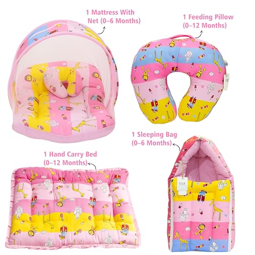 Image of Infantbond by fareto Baby Bedding Set Essentials Combo | Baby Bed | Carry Bag | Sleeping Bag | Hand Carry Bed | Feeding Pillow (0-6 Months)(All in 1) (Pink Giffi)