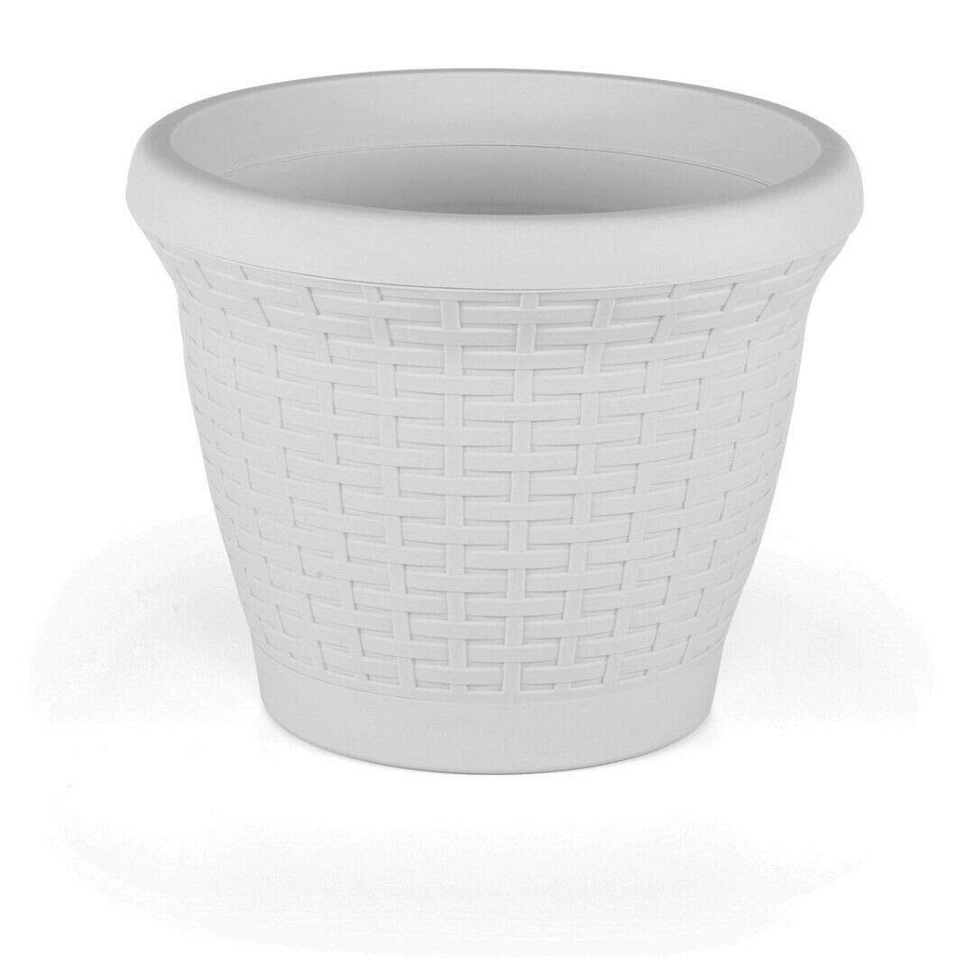 Tamersgifts Rattan Style Plastic Round Plant Pot 20cm White – Self Watering Indoor & Outdoor Small Planter with Removable Saucer – 3.3L