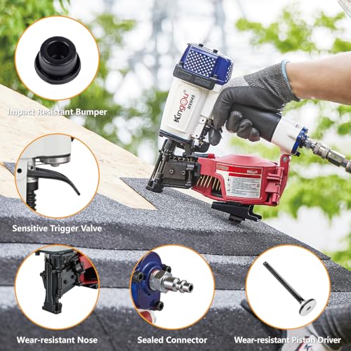 Image of Kingou American Style NVH45 Roofing Nailer Gun For Roofing Constructions Accepts 7 /8-Inch to 1-3 /4-Inch Nails 15 Degree With 3 /8 NPT Air Connector 120-pcs Load Capacity Roofing Nailer