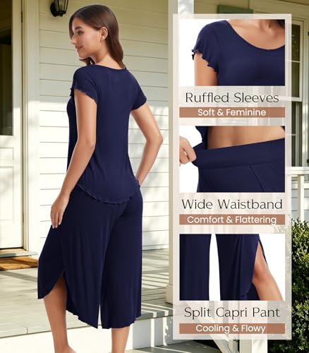 Image of NACHILA Women's Pajamas Set-Viscose Made from Bamboo,Short Sleeve Sleepwear Soft Pjs with Capri Pants Loose Loungewear