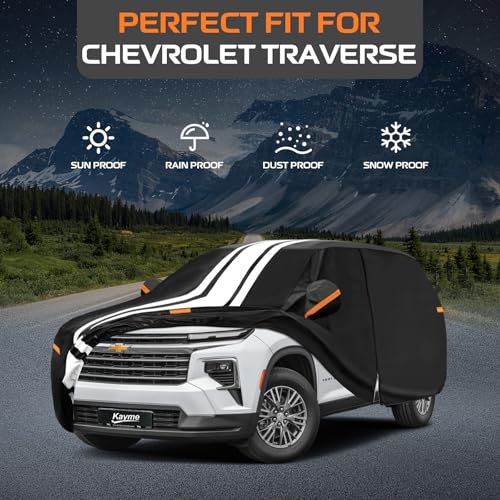Image of Kayme Heavy Duty Car Cover Custom Fit for Chevrolet Traverse (2008-2026) | Waterproof All Weather for Automobiles, Gift with Tape /Towel /Bag, Outdoor Full Exterior Cover Rain Snow Sun UV Protection.