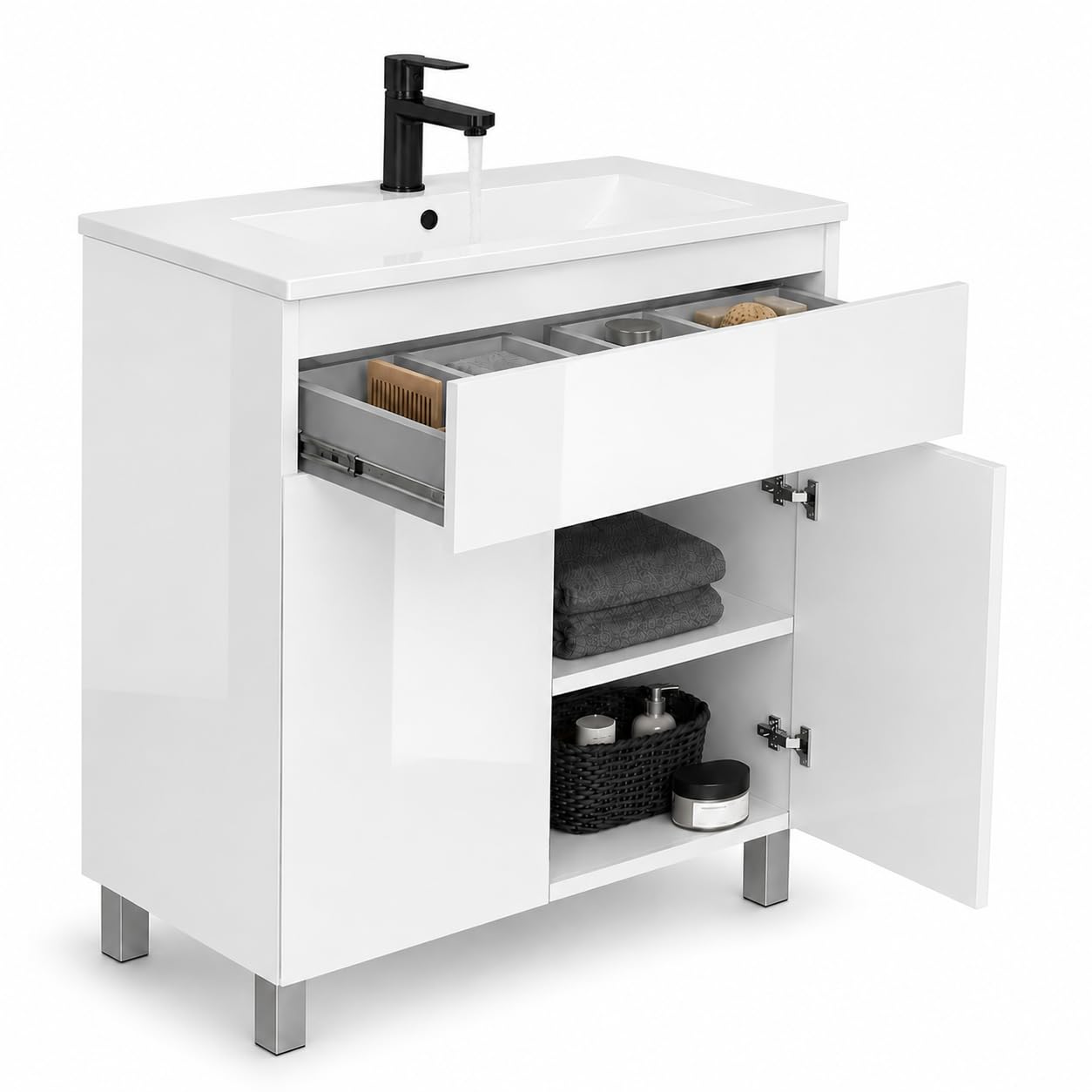 Lavabo ARIZA con mobile largo 80 cm, Lavabo con mobile a 2 ante, Set di mobili da bagno - Bianco opaco/Fronte bianco brillante
