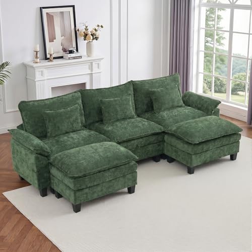 Image of IPKIG 117 inch Modular Cloud Couch with Storage, U Shaped Sectional Sofa with Ottoman & Pillow, Chenille Deep Seat Sectional Couches for Living Room, Apartment, Green