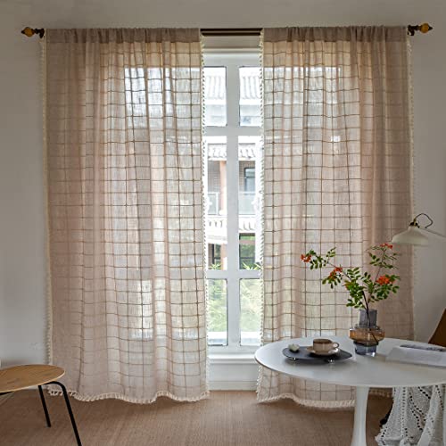 2 Panels Boho Semi Blackout 63 84 96 Inches Length Curtains Set,Farmhouse 54" W Country Linen Beige Coffee Plaid Long Window Curtain For Living Room, Dining Room, Bedroom, Kitchen Drapes #TOP7