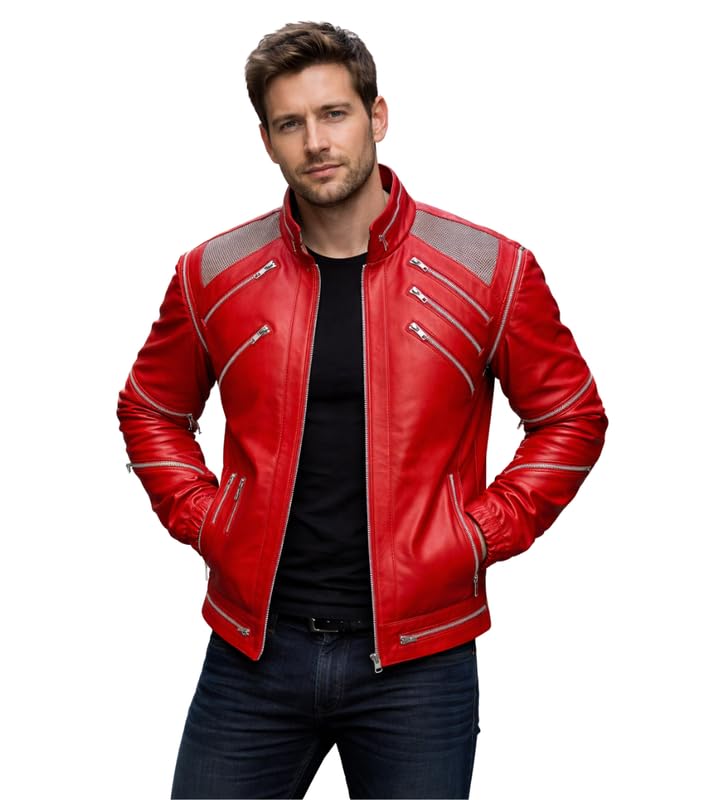 MJJ Thriler Beat it Song Red Zippers Jacket - Legend Rockstar Micheal Faux Leather Jacket Jackson Costume Collection