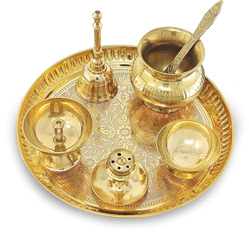 Image of BENGALEN Brass Puja Thali Set 8 Inch Pooja Thali with Pital Plate Kalash Chandan Vati Piyali Deep Dhup Dan Ghanti Palli Diya Arti Thali for Diwali Home Office Mandir Wedding Return Gift Items