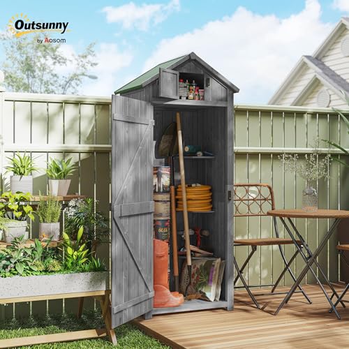 Outsunny Gartenschrank Holz, Geräteschuppen wetterfest 77x54,2x179cm, Gerätehaus mit Tür, Satteldach, Geräteschrank mit Böden, Werkzeugschrank Gartenschuppen für Garten, Terrasse, Grau+Grün