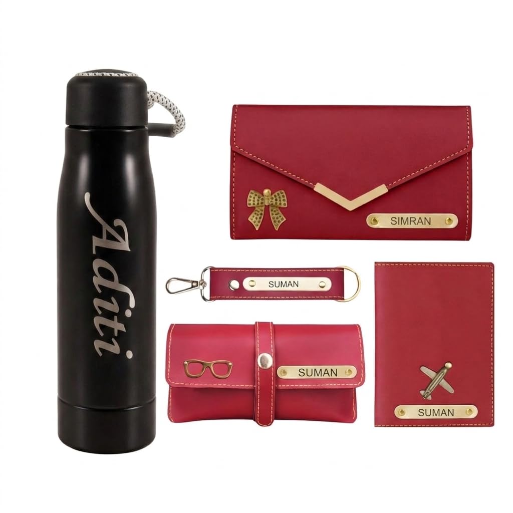 Customized Women's Combo Gift Set – Wallet, Sunglasses Cover, Keychain & Passport Cover – Personalized Name Engraved Gift Set Red-image-27