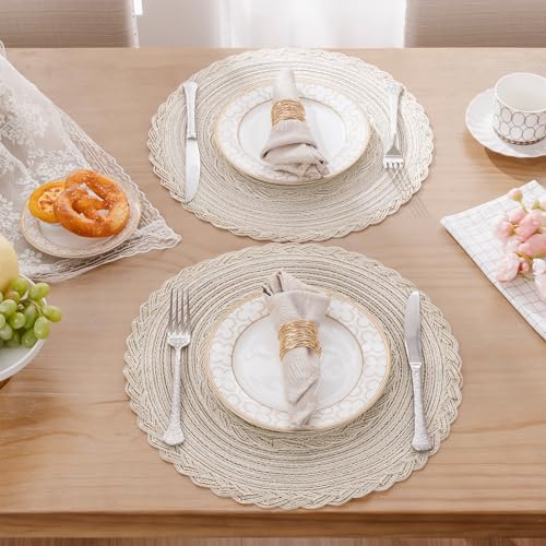 Image of SHACOS Round Placemats Set of 6 Boho Braided Bordered Place Mats 15 inch for Dining Tables Wedding Holiday Party (Ivory Bordered, 6)