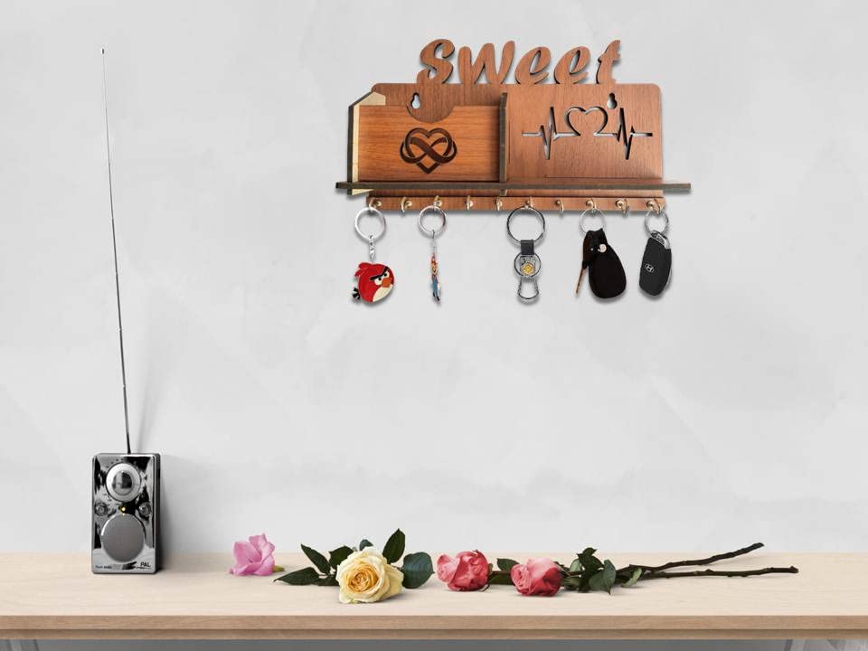 Image of Sweet Heart Beat Key Holder Wooden Side Shelf Key Holder for Home and Kitchen Matte Finish Mobile Charger Stand Key Organizer for Decor Office, Living Room, Hall Great Gift Item