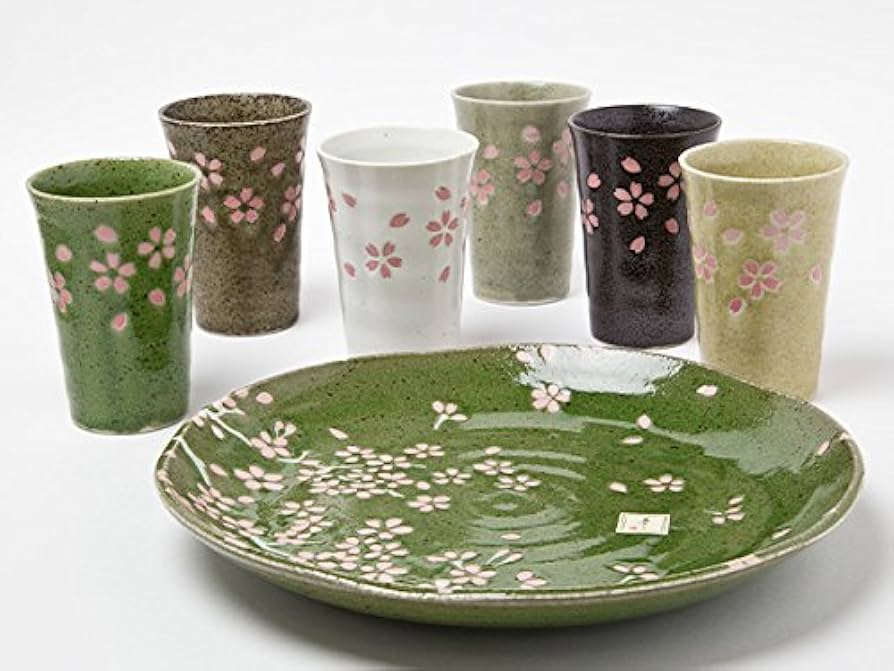 新品未開封 前畑陶器☆竹久夢二 大皿&フリーカップ6客セット カゴ付き Amazon | 竹久夢二 庫山窯 夢桜 木製カゴ付フリーカップ 同柄皿