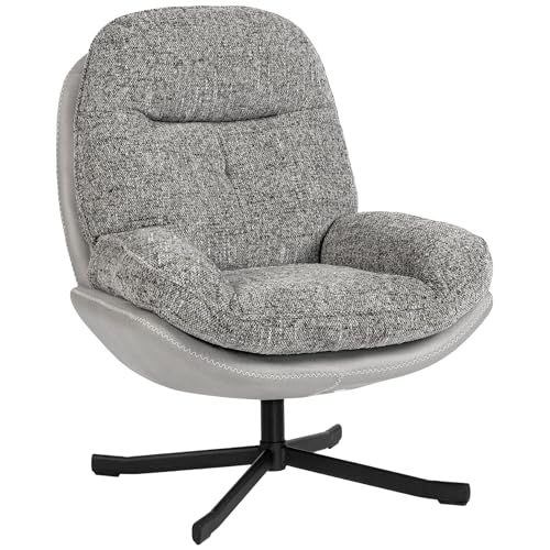 HOMCOM Sillón Giratorio Moderno, Butaca de Salón con Base Cruz, Tapizado en Chenilla y Cuero PU, Asiento Ancho Doble, Patas de Acero y Reposabrazos, Sillón Relax para Sala de Estar, Dormitorio, Gris