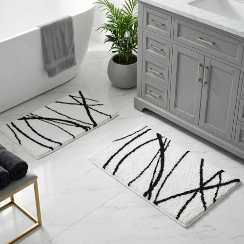 Tititex Luxury White Black Curve Line Bathroom Rug Set, 20x32