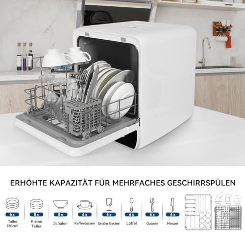eklipt Mini Geschirrspüler für 3 Gedecke, Tischgeschirrspüler mit 7 Programme mit Trocknungsfunktion, mit/ohne Wasseranschluss Benutzbar, Spülmaschine 4.8L, Touch Control für Wohnmobile Wohnungen