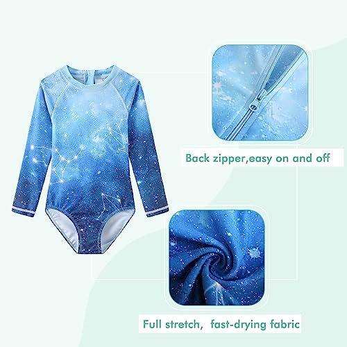 Image of Moon Tree Girls One Piece Swimsuits Long Sleeve Rash Guard Zipper Front Bathing Suit UPF 50+