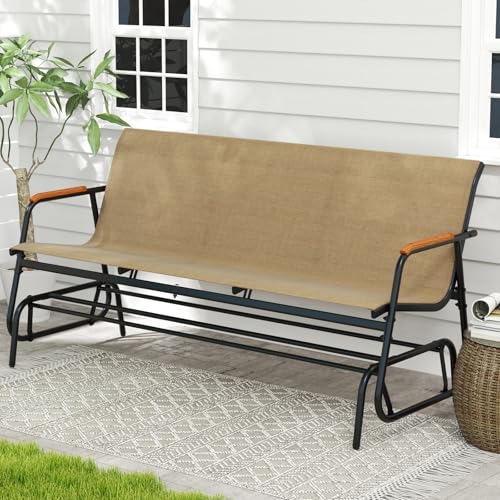 Image of Giantex Patio Glider, 3-Person Swing Gliding Loveseat with Curved Teak Armrests, Fabric Seat, Metal Frame, Load 990lbs, Outdoor Rocking Chair for Porch, Yard, Poolside (29 inchx66.5 inchx33 inch)