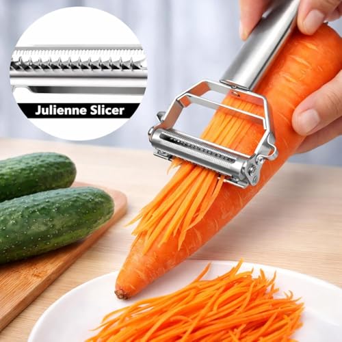 Image of 2 in 1 Stainless Steel Julienne Vegetable Peeler Multi-Functional Fruit & Veggie Shredder Slicer and Grater for Potatoes, Carrots, Cucumbers (Silver, 18 x 8.2 x 2.3 cm)