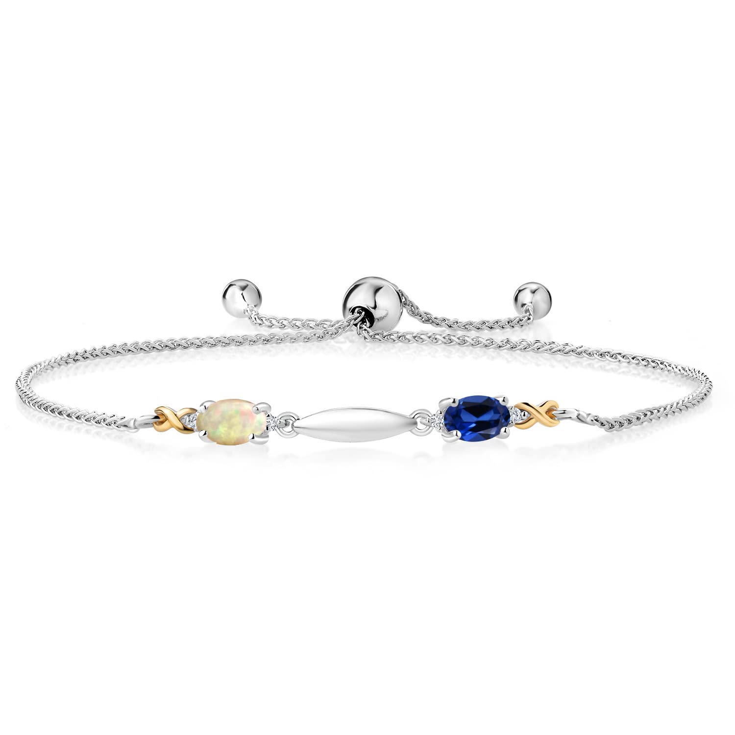Gem Stone King925 Silver and 10K Yellow Gold Oval Cabochon White Ethiopian Opal Blue Created Sapphire and White Lab Grown Diamond Tennis Bracelet For Women (0.96 Cttw, Fully Adjustable Up to 9 Inch)