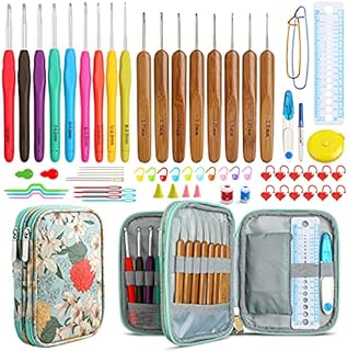 Looen 68PCS Crochet Hooks Set w Case, 9 pcs Rubbery Handles Hook 2.0MM-6MM and 8 pcs Bamboo Hook 1.0MM-2.75MM Comfort Grip for Arthritic Hands-Accessories Included (Green Lily Pattern)