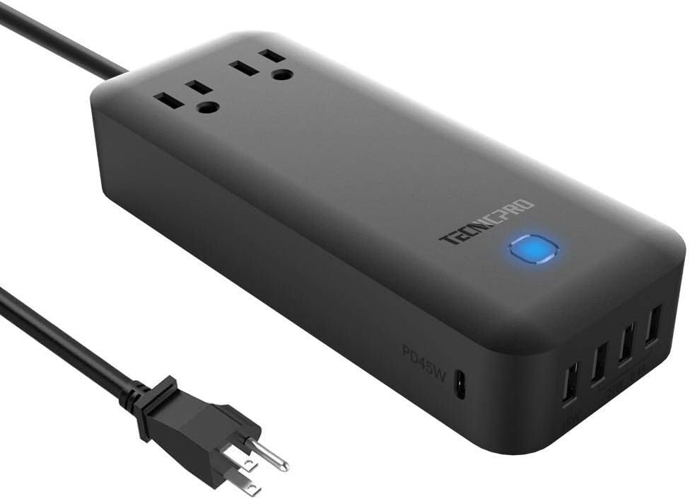 EUASOO USB C PD Charger Total 90W with 4 USB (1 QC 3.0 Fast Charging Port) and 1PD 45W Ports Station with Double Outlets for Apple MacBook Pro/Air Nintendo Switch and iPhone X Samsung Galaxy S8