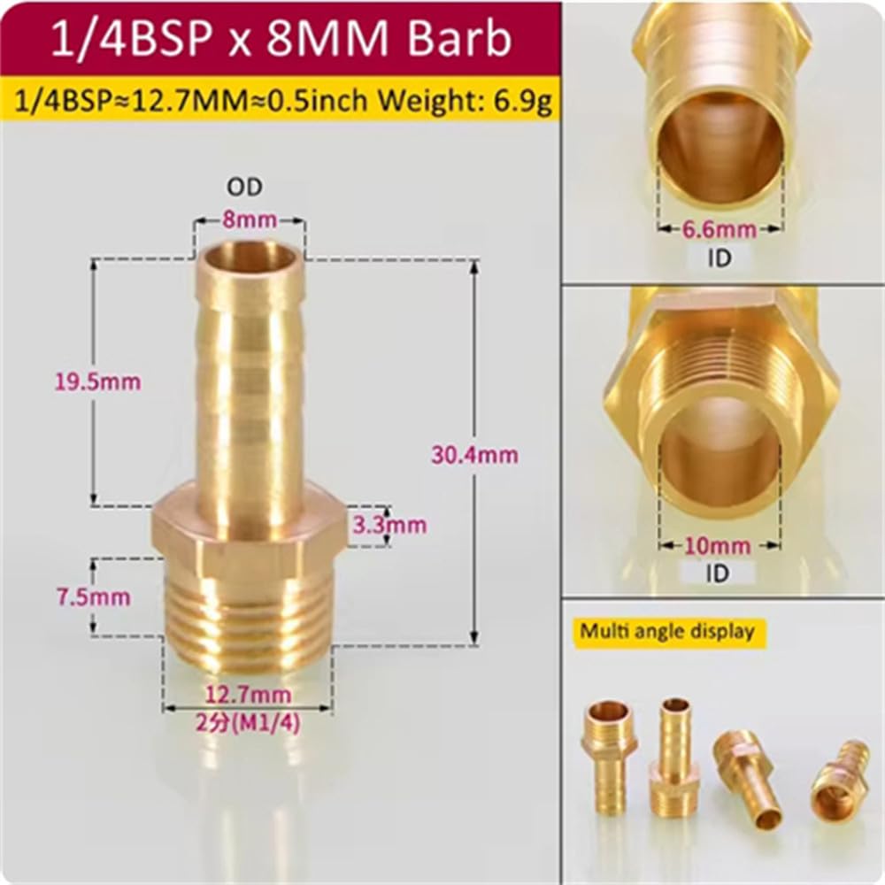 5 piezas de conexión de tubería de latón de 6/8/10/12/14/16 mm con cola de espiga para manguera de 1/8", 1/4" y 3/8" con conector macho BSP de cobre.