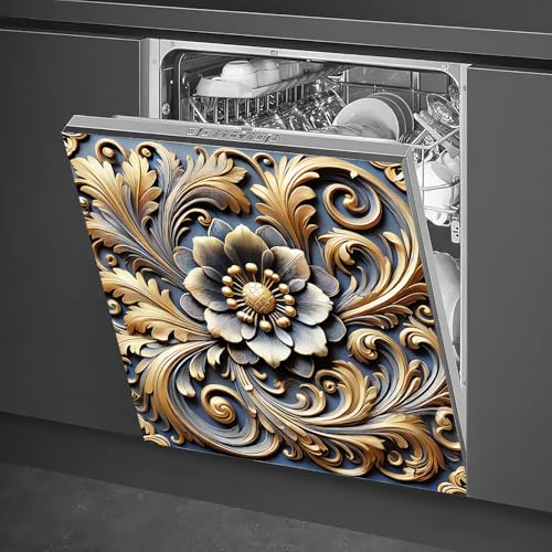 HOMETITUTE Magnetische Geschirrspülerabdeckung mit Barockblumen-Motiv, 58 x 66 cm, goldfarbene Blume, geprägt, dekorativer Magnet-Aufkleber für Küchengeräte, Kühlschrank, Tür, Heimdekoration