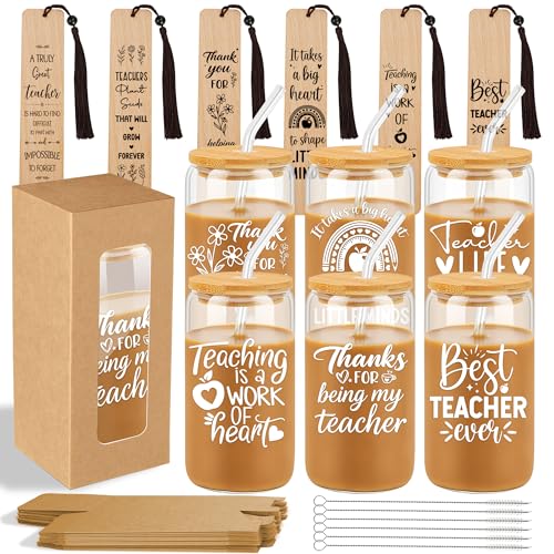 EcoUtens 6 Sets Teacher Appreciation Gifts for Women Thank You Teacher 16oz Glass Cups with Lids and Straws Personalised Glass Cups for Women Iced Coffee Cup & Bookmark Set for Graduation
