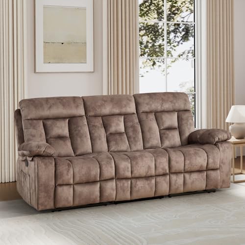 EBELLO Reclining Sofa for Living Room, Extra Wide Modern Overstuffed 3 Seat Recliner Manual Sofa with Hidden Armrest Cup Holders, Soft Breathable Fabric and Padded Seat, Brown