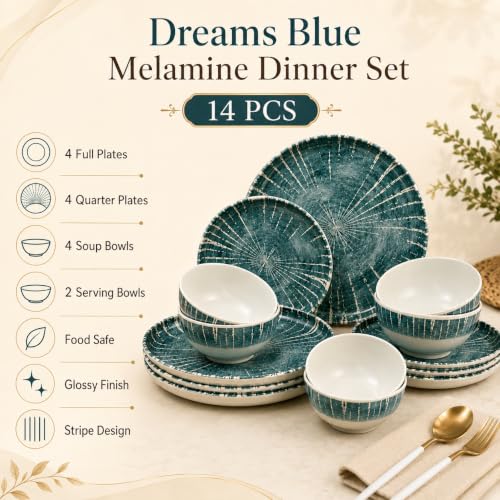 Image of MARKET 99 Dreams Blue Melamine 14 Piece Dinner Set, Round Glossy Vertical Stripe Design with 4 Full Plates, 4 Quarter Plates, 4 Soup Bowls & 2 Serving Bowls, Food Safe Dinnerware