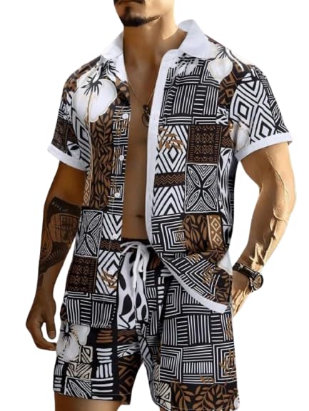 Image of Men's Printed Co-Ord Set | Plus Size Casual Shirt & Shorts Set | Nightwear Pajama Suit, Loungewear, Beachwear & Vacation Outfit Design No Shirt-Short Set10-Parent