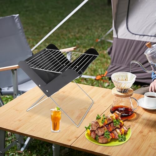 Gril à charbon portable compact en métal robuste pour cuisson sur table de camping