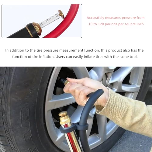 Image of Bayonet-Style Tire Inflator with Pressure Gauge, 20-120 PSI Tire Inflator Gauge with 4 Way Tool & Valve Cores, 1 /4 inch NPT Air Inlet Chuck Tire Inflator Gauge with 13 inch Hose （Black）
