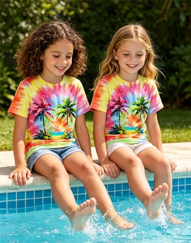 Image of SunFoucs Girls Kids Shirts Size 5-12 Tie Dye Casual Tshirt Short Sleeve Crewneck Tee Top | Short Sleeve Rainbow Tee Top
