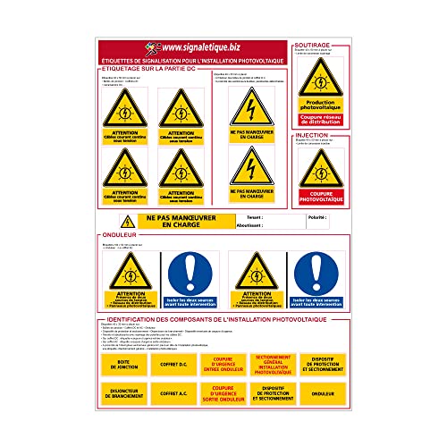 Signalétique.biz France - PLANCHE 21 ETIQUETTES PHOTOVOLTAIQUE (C1228) Kit d'étiquettes photovoltaïques. Signalisation Photovoltaïque -